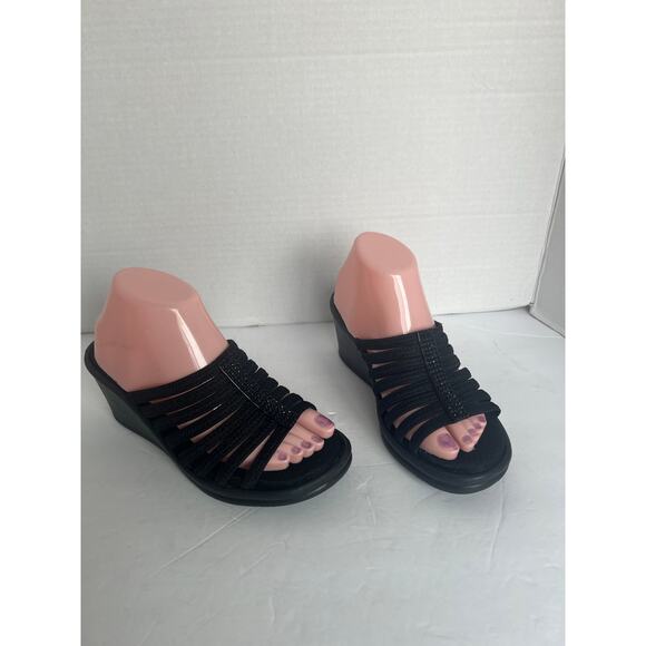 Skechers Rumblers Hotshot Black Rhinestone Wedge Slide Strappy Comfort Sandals 9 - Picture 3 of 14